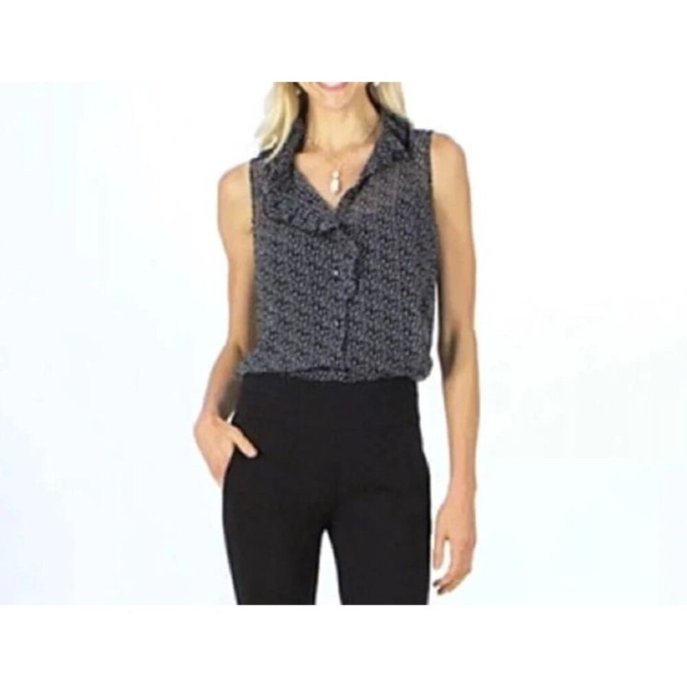 CAbi Sing Along Top Womens Medium Black White Musical Notes Ruffle Sleeveless